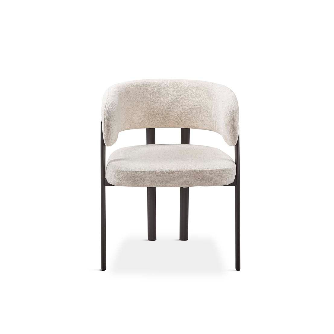 Vista trasera de silla boucle blanco con patas negras, líneas suaves y estilo contemporáneo – Boutique Interiorismo