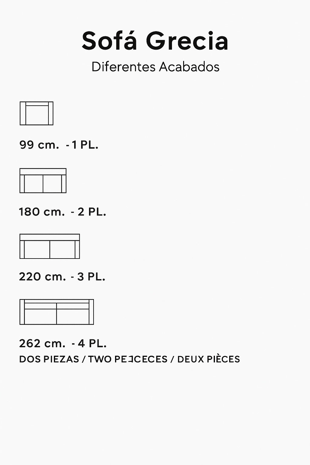 Sofá Grecia en sus diferentes tamaños y configuraciones. Diseño elegante y cómodo para espacios sofisticados. Fabricado en España. Boutique Interiorismo.