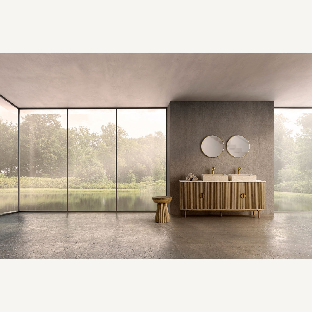 Buffet ZERF en entorno moderno con lavabo doble y ventanas panorámicas