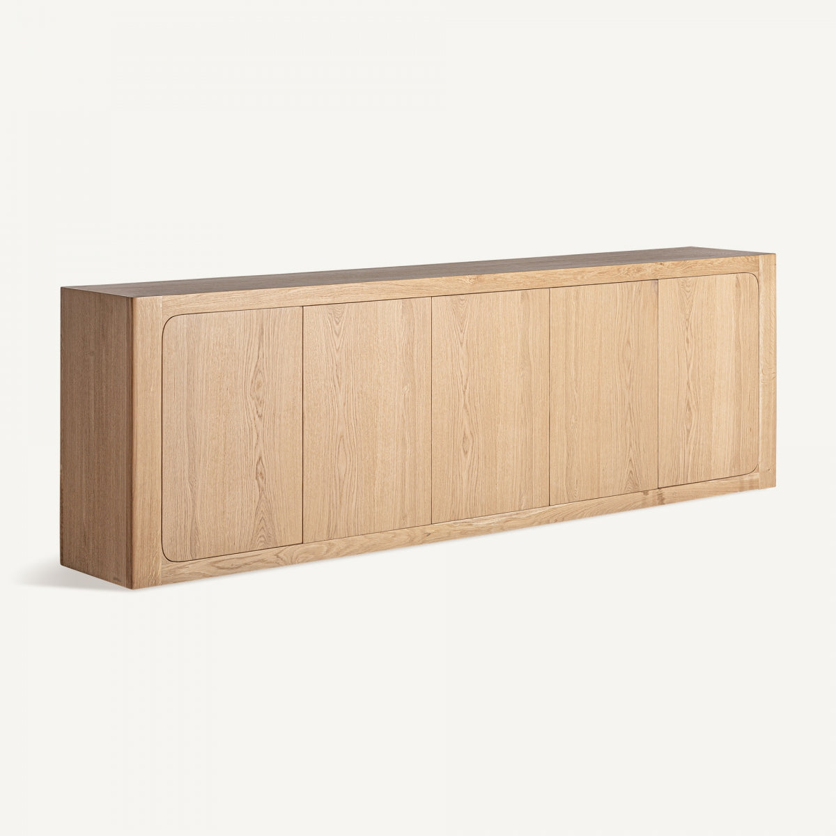 Vista lateral del Aparador Zelzate en madera de roble marrón claro, estilo art déco.