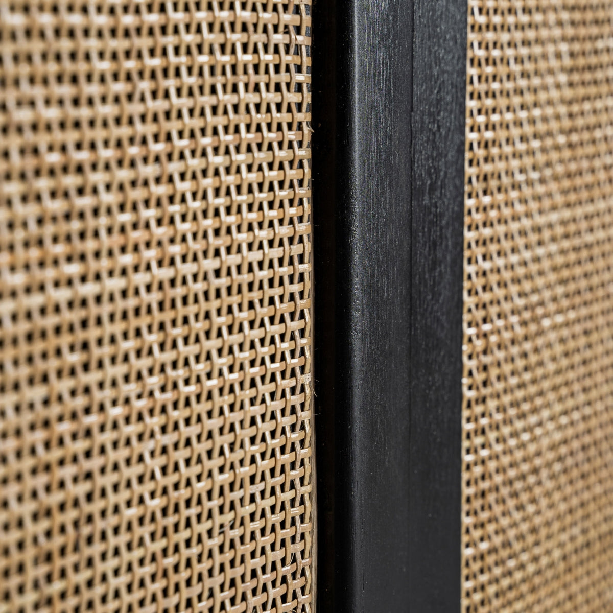 Acabado del marco en madera negra con puerta de ratán.
