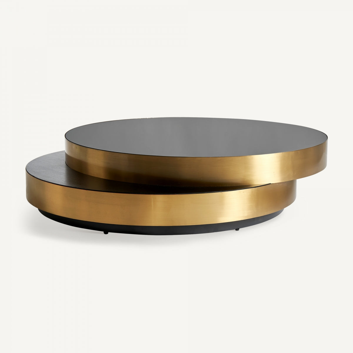 Mesa glam redonda con espejo negro y cuerpo dorado metálico estilo sofisticado