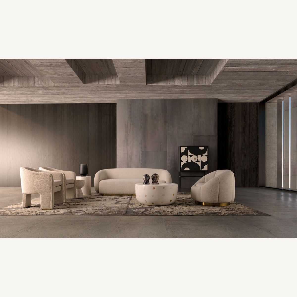 Vista de base sólida y perfil bajo en mesa MASSA – estética escultórica – boutique interiorismo – vical