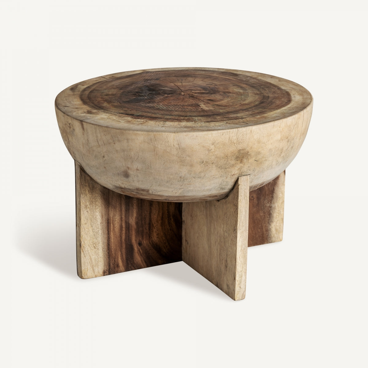 Mesa redonda con base cruzada en madera natural | formas orgánicas y cálidas | boutique_interiorismo-vical