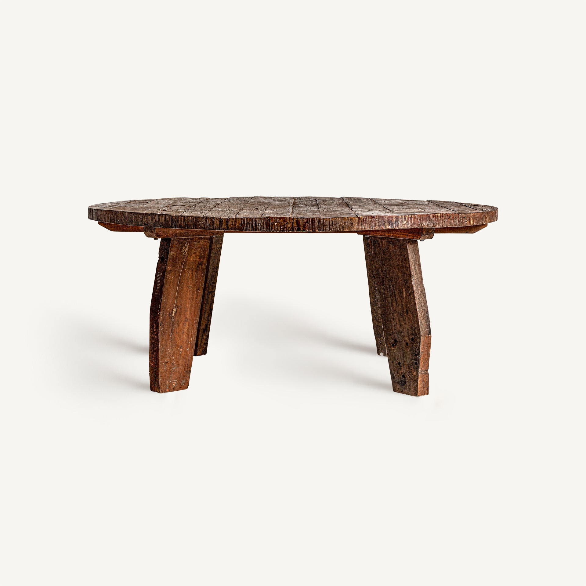 Mesa de comedor Hassi redonda de madera de mango natural vista frontal, estilo rústico oriental – boutique interiorismo VICAL