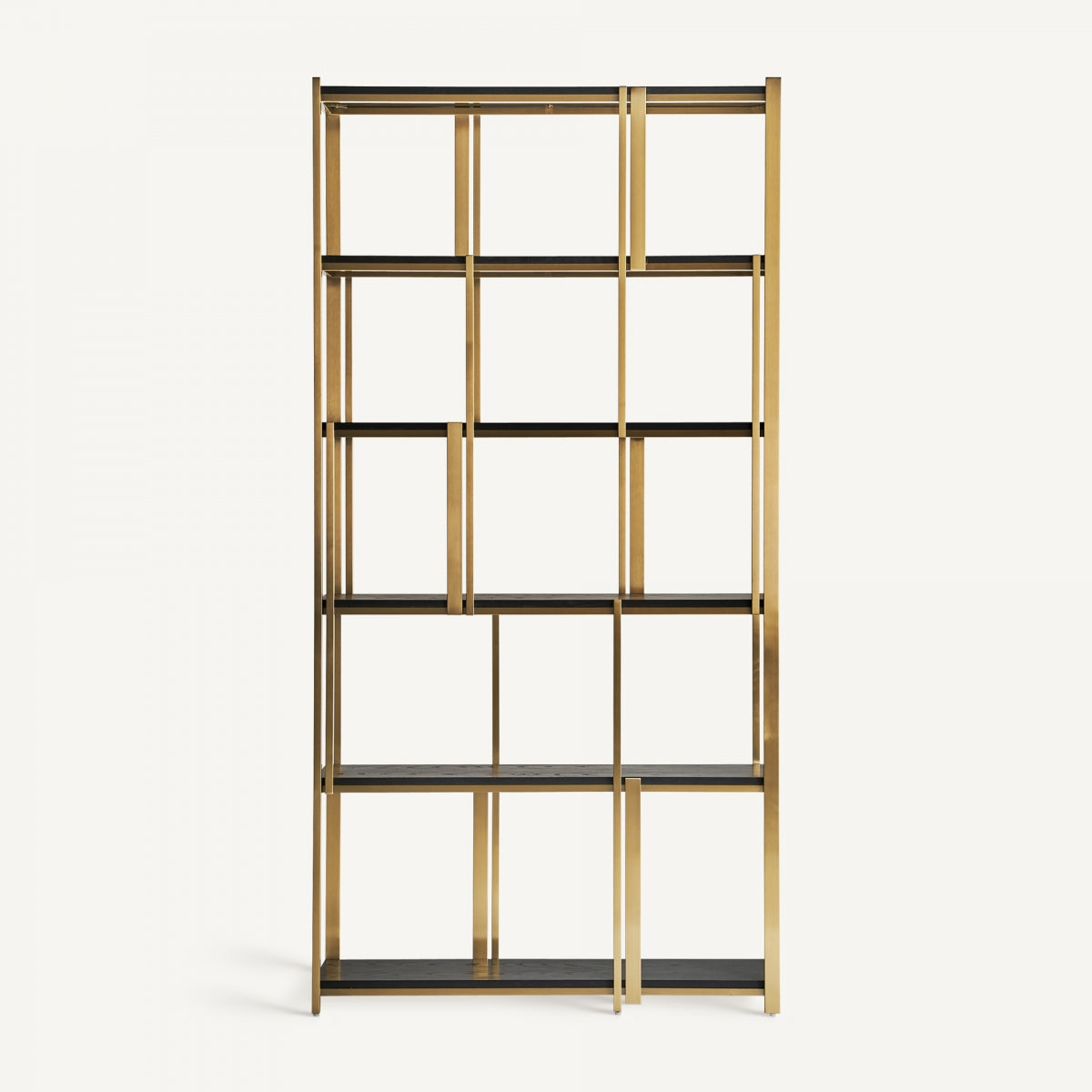 Estantería art déco de acero dorado y madera negra, diseño moderno de VICAL
