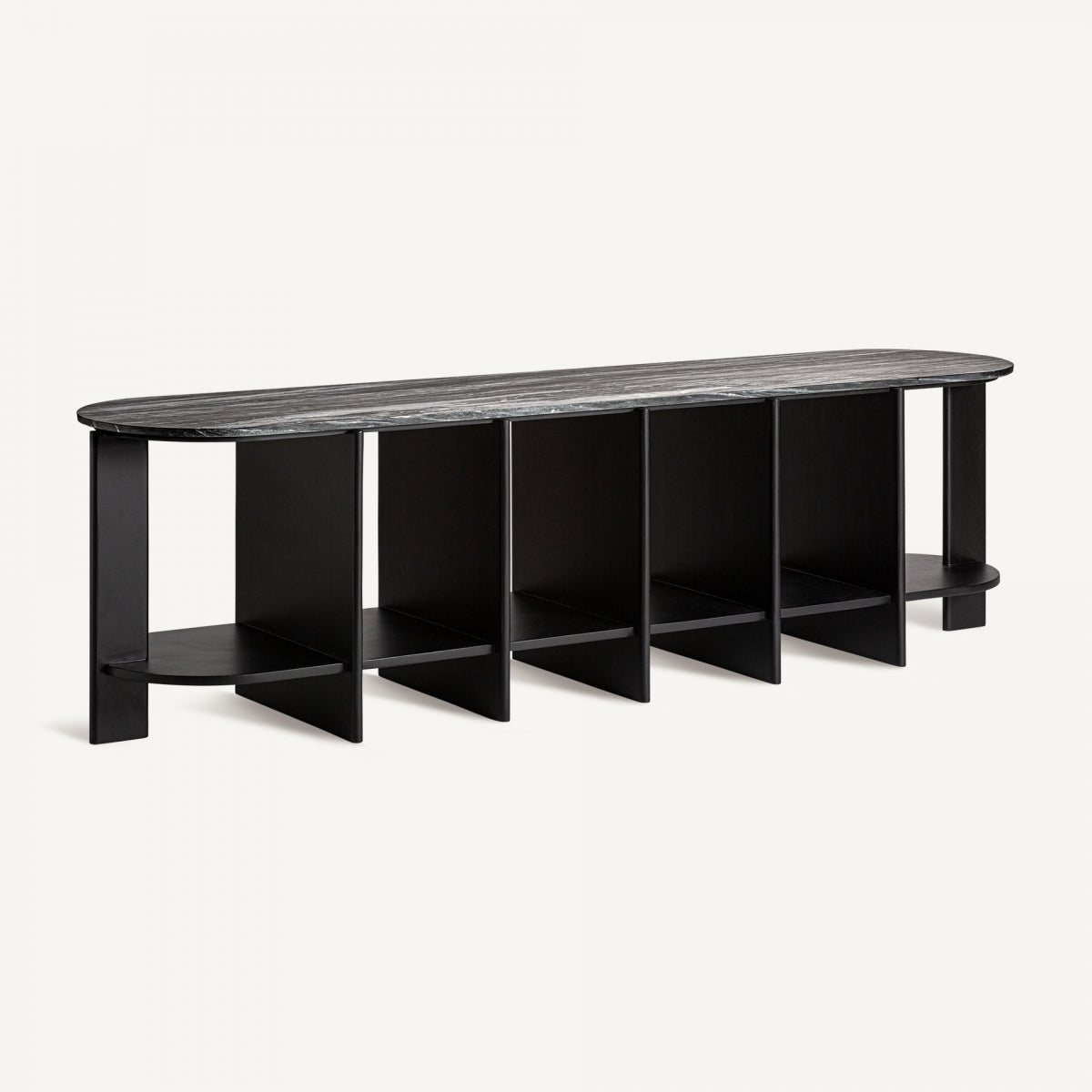 Vista en ángulo de la estantería Nara, diseño contemporáneo y elegante en madera oscura – VICAL