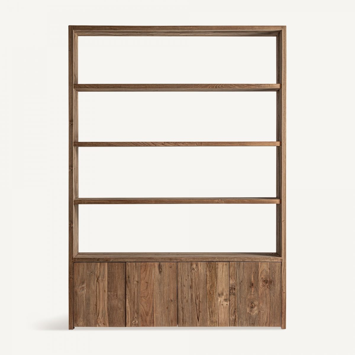 Estantería rústica de madera de teka en color marrón, diseño con baldas abiertas y módulo inferior cerrado.