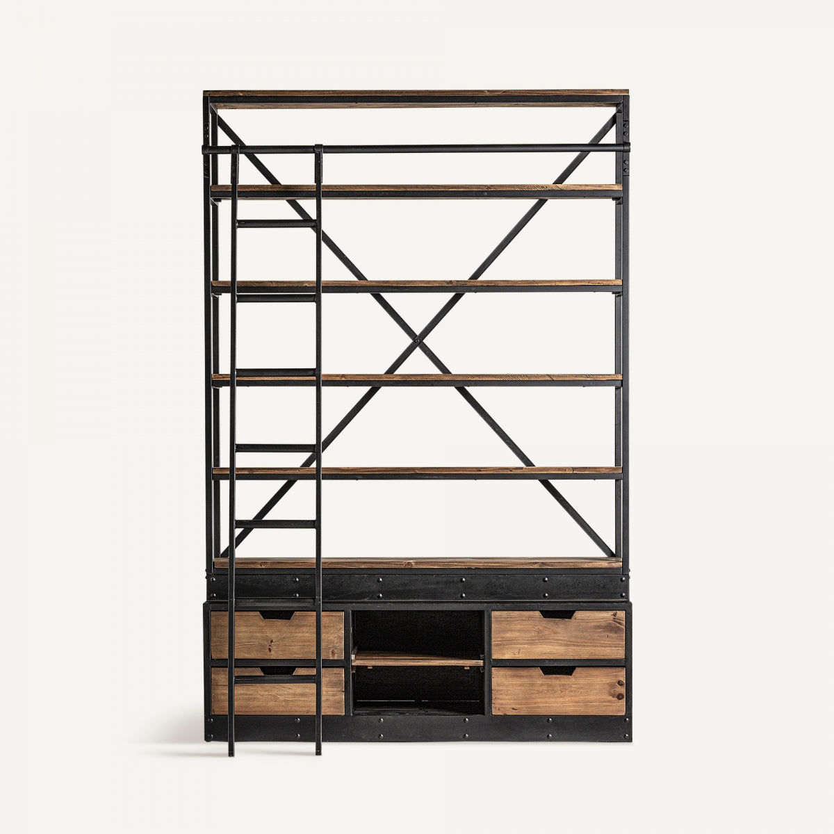 Vista frontal de la librería Ivalo con estructura metálica negra y baldas de madera natural, estilo industrial, boutique interiorismo VICAL.