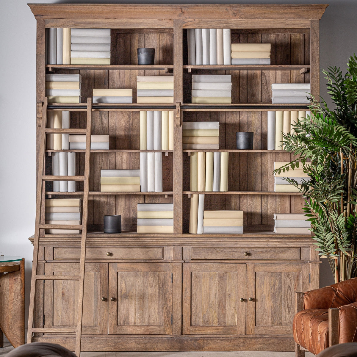 Librería Mandern decorada con libros y plantas, ambiente cálido de estilo colonial, boutique interiorismo VICAL.