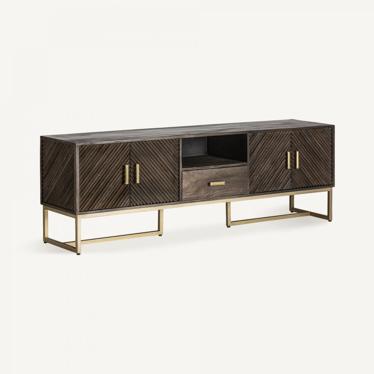 Mueble TV Kraj en perspectiva lateral, diseño contemporáneo en madera oscura y base metálica dorada.