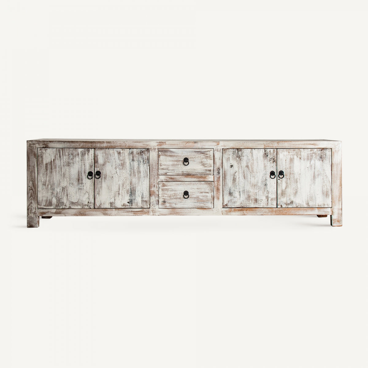 Mueble de televisión en madera decapada blanca con acabado envejecido, estilo provenzal y rústico.