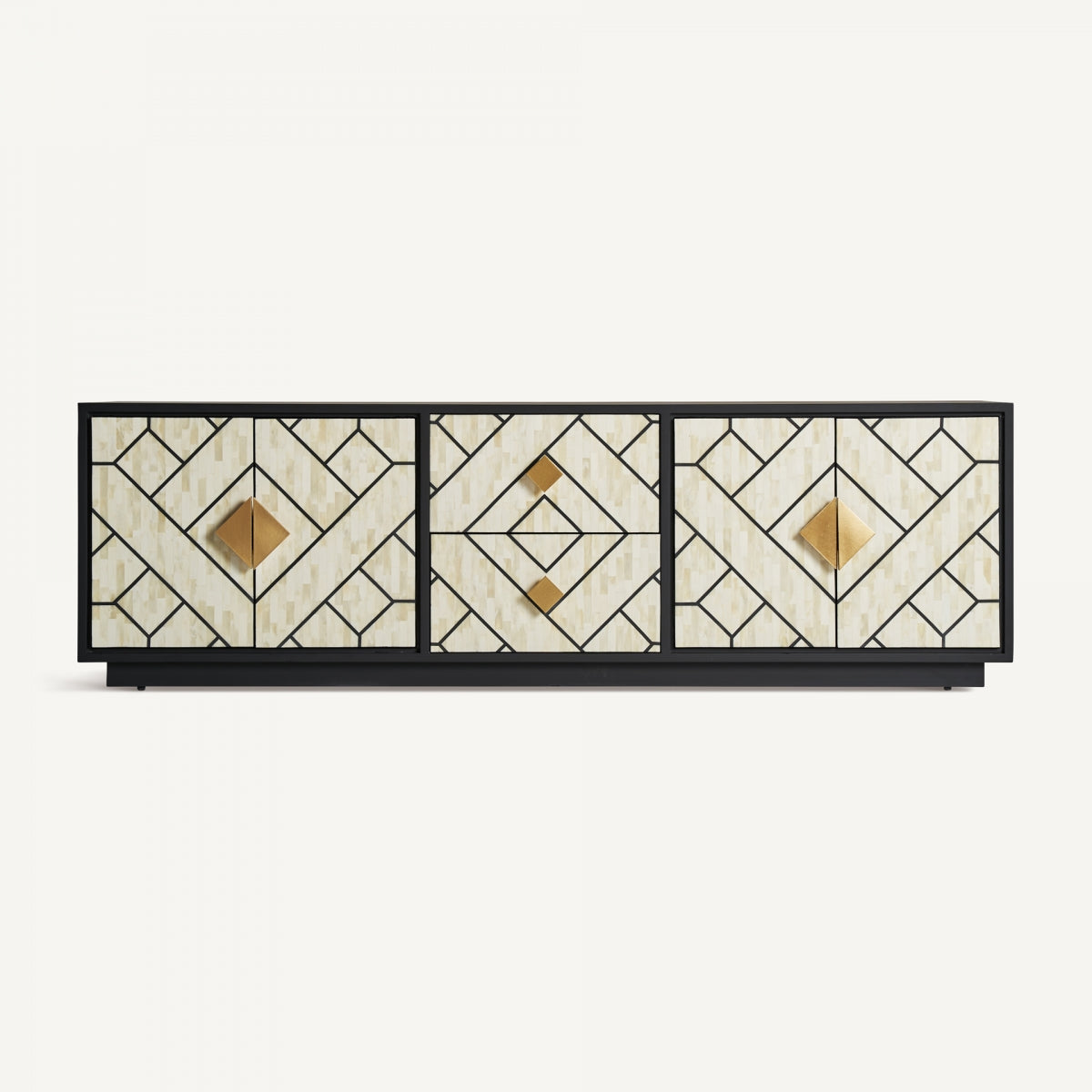 Aparador frontal de diseño geométrico blanco, negro y dorado estilo art déco.