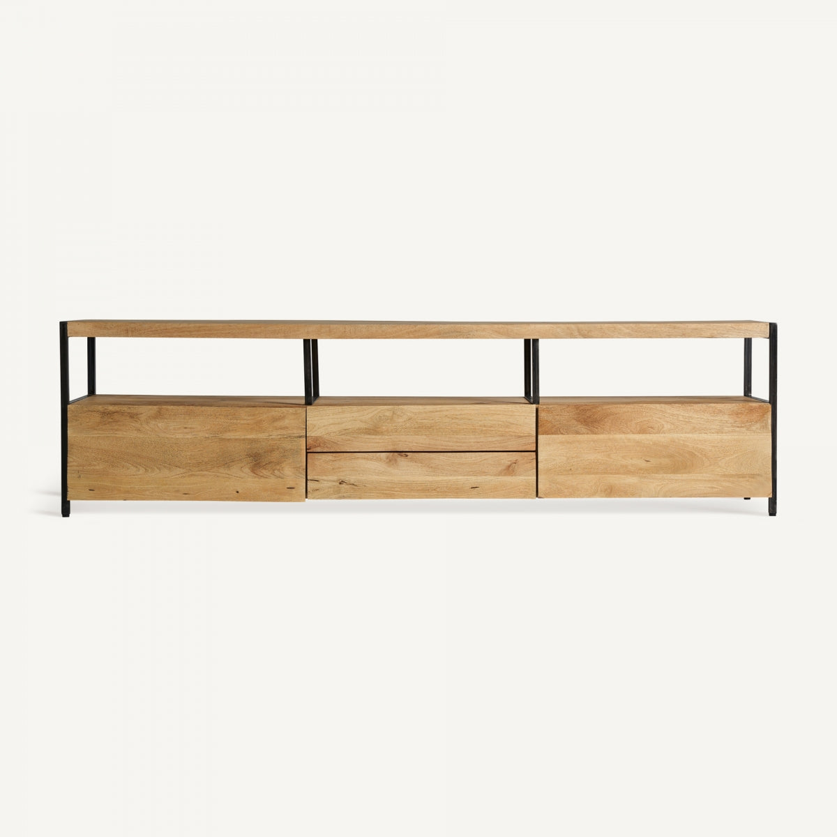 Mueble TV de madera de mango natural con estructura de metal negro, estilo industrial depurado y elegante.