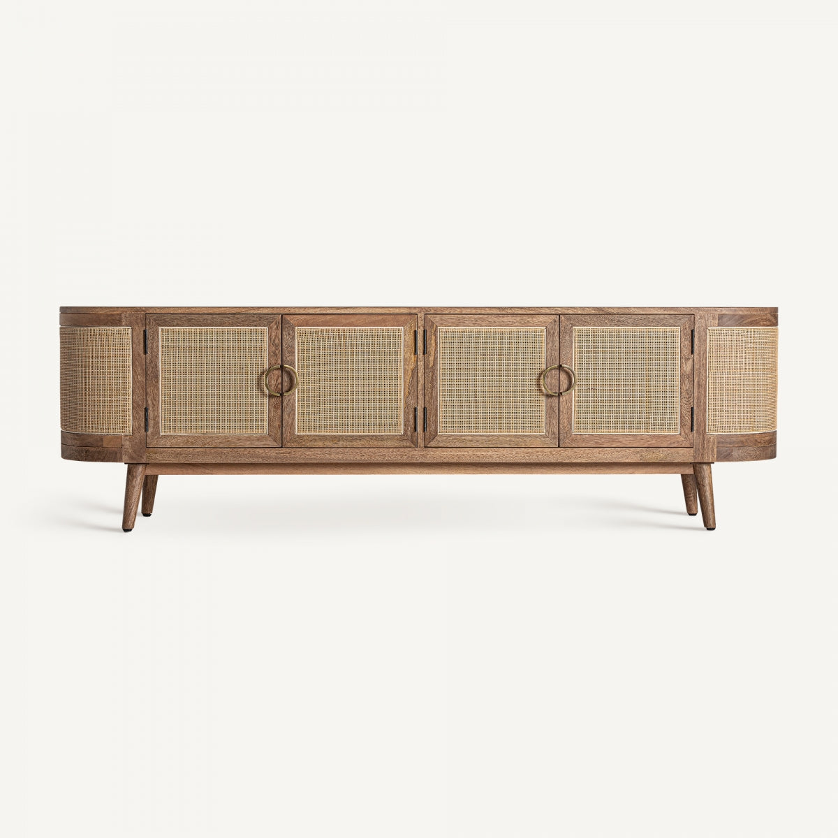 Mueble de televisión en madera de mango con puertas de rejilla natural, estilo nórdico elegante.