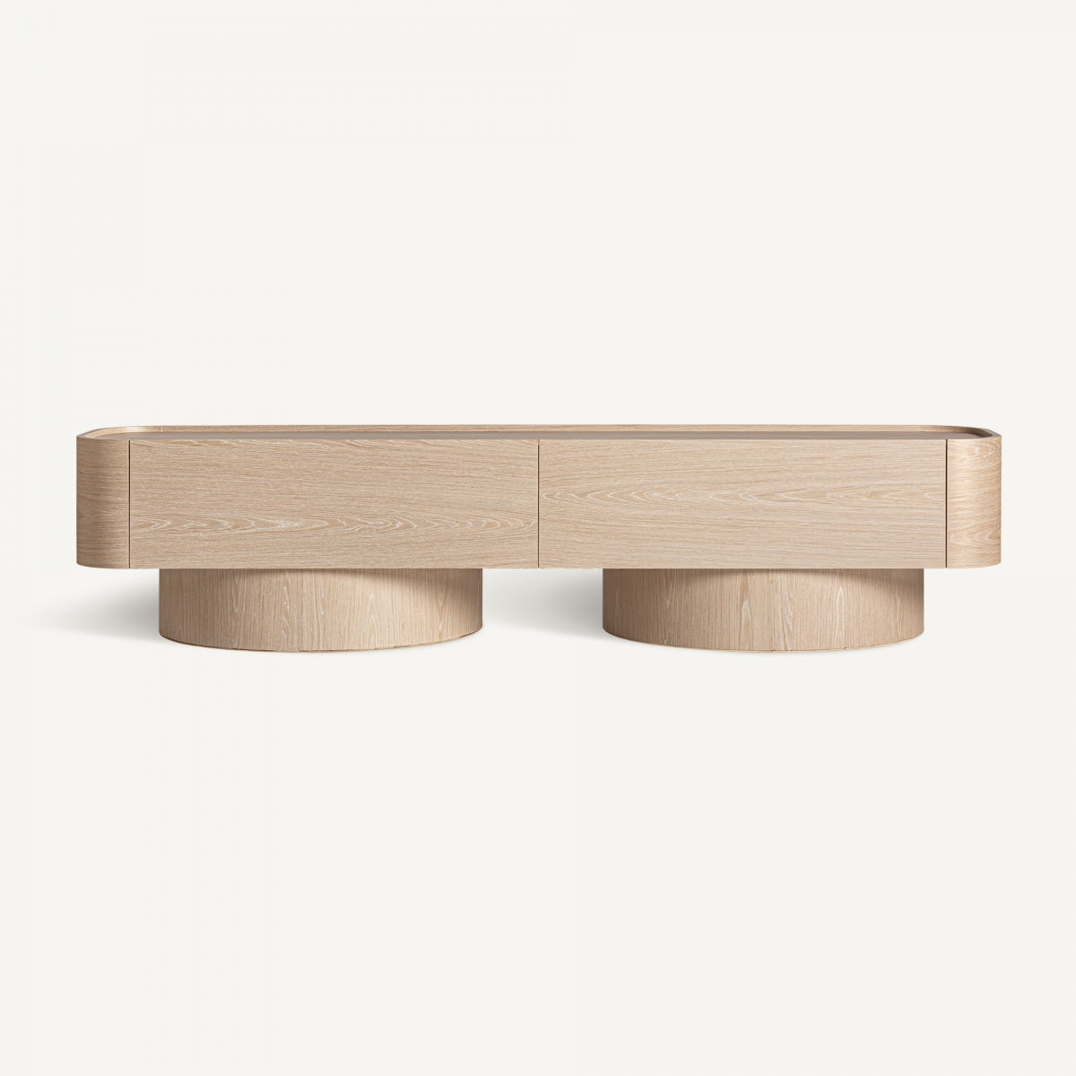 Mueble TV ovalado de diseño moderno en madera de roble blanqueado con patas cilíndricas