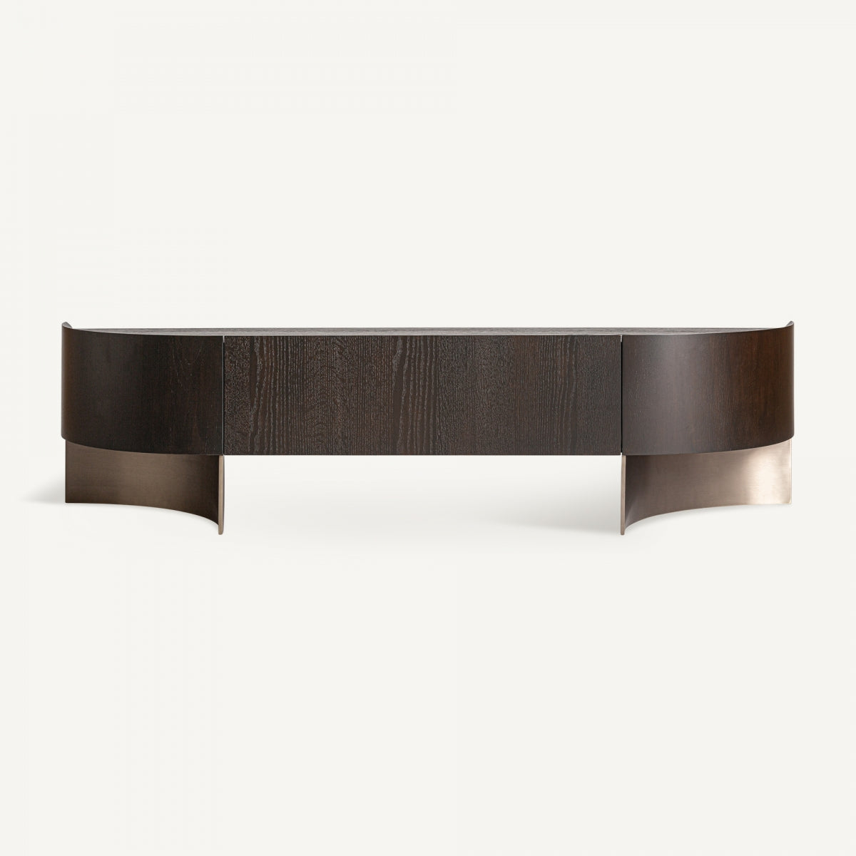 Mueble de TV curvo en madera oscura con base metálica dorada