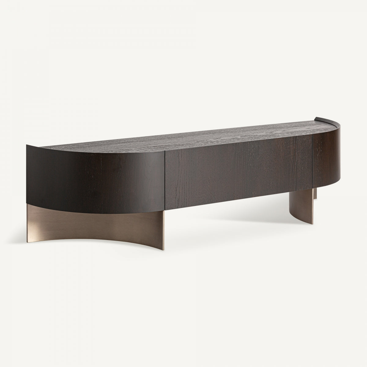 Vista lateral del mueble TV con estructura curva y combinación madera-metal de diseño