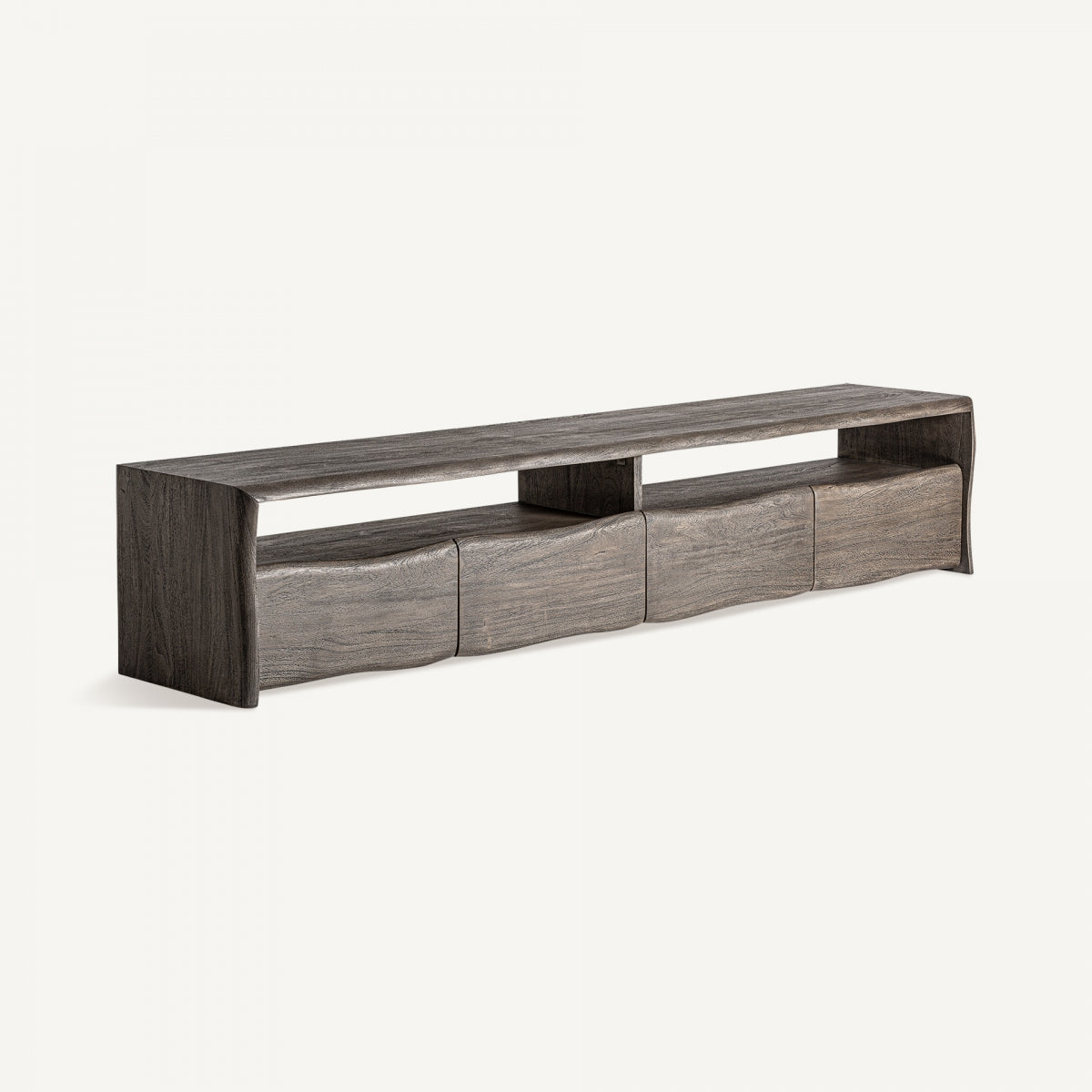 Mueble de televisión en perspectiva lateral, estructura estilizada y curvas suaves en acabado madera oscura