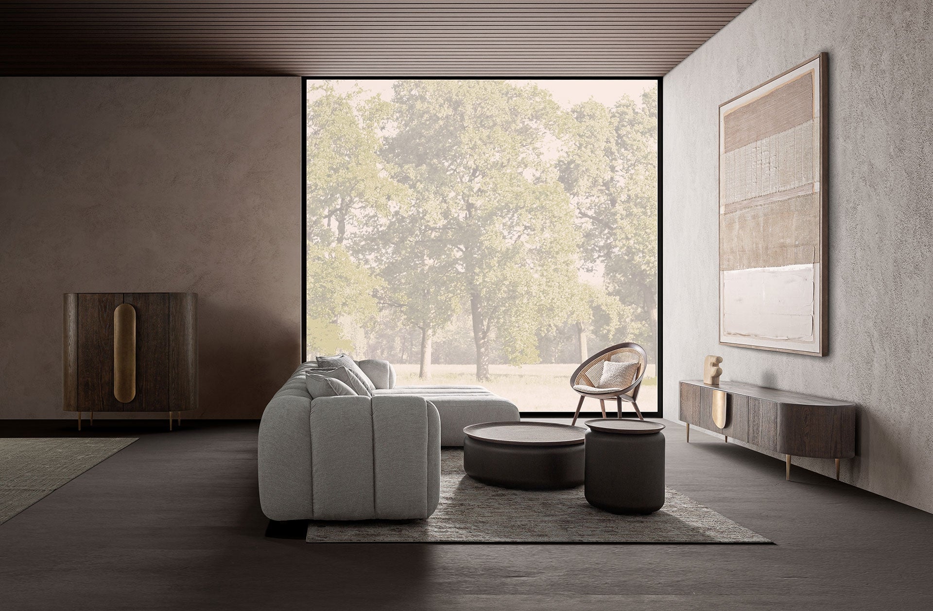 Ambiente con el sofá Carceri en salón contemporáneo con luz natural, diseño elegante y sobrio