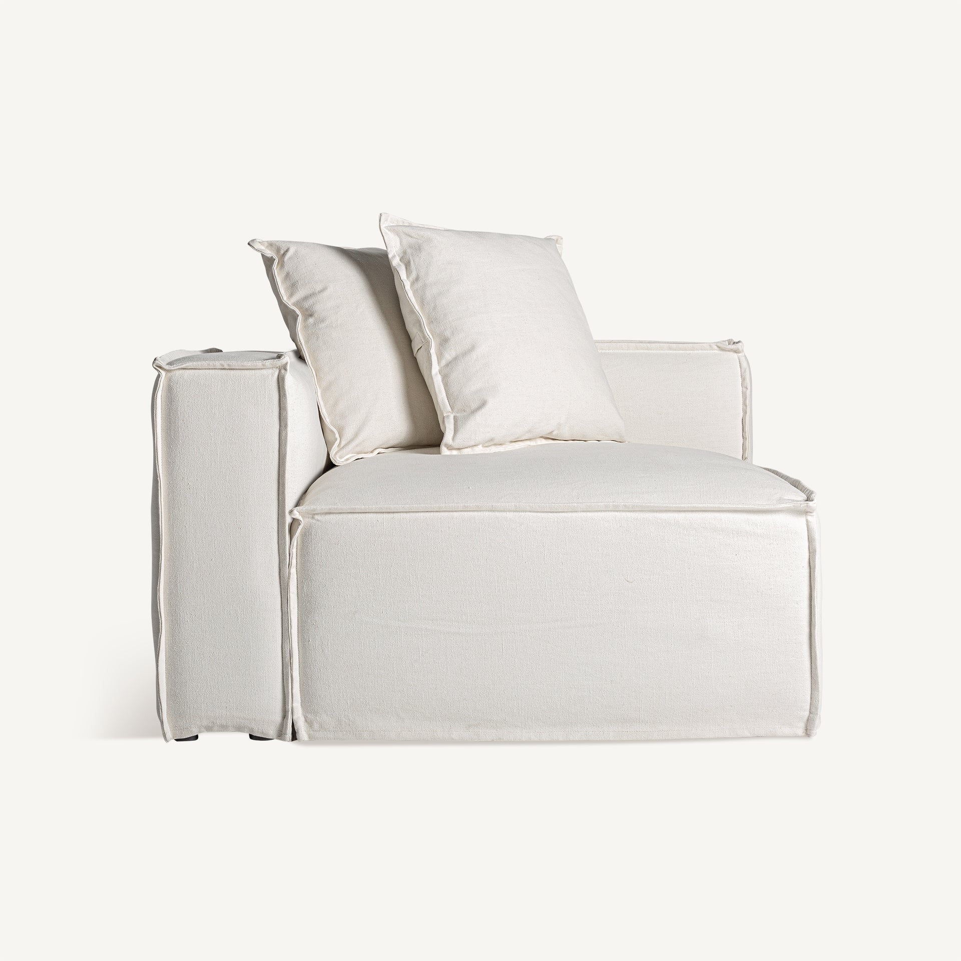 Módulo esquinero izquierdo Virolle en lino blanco, vista frontal, sofá modular desenfundable boutique interiorismo vical