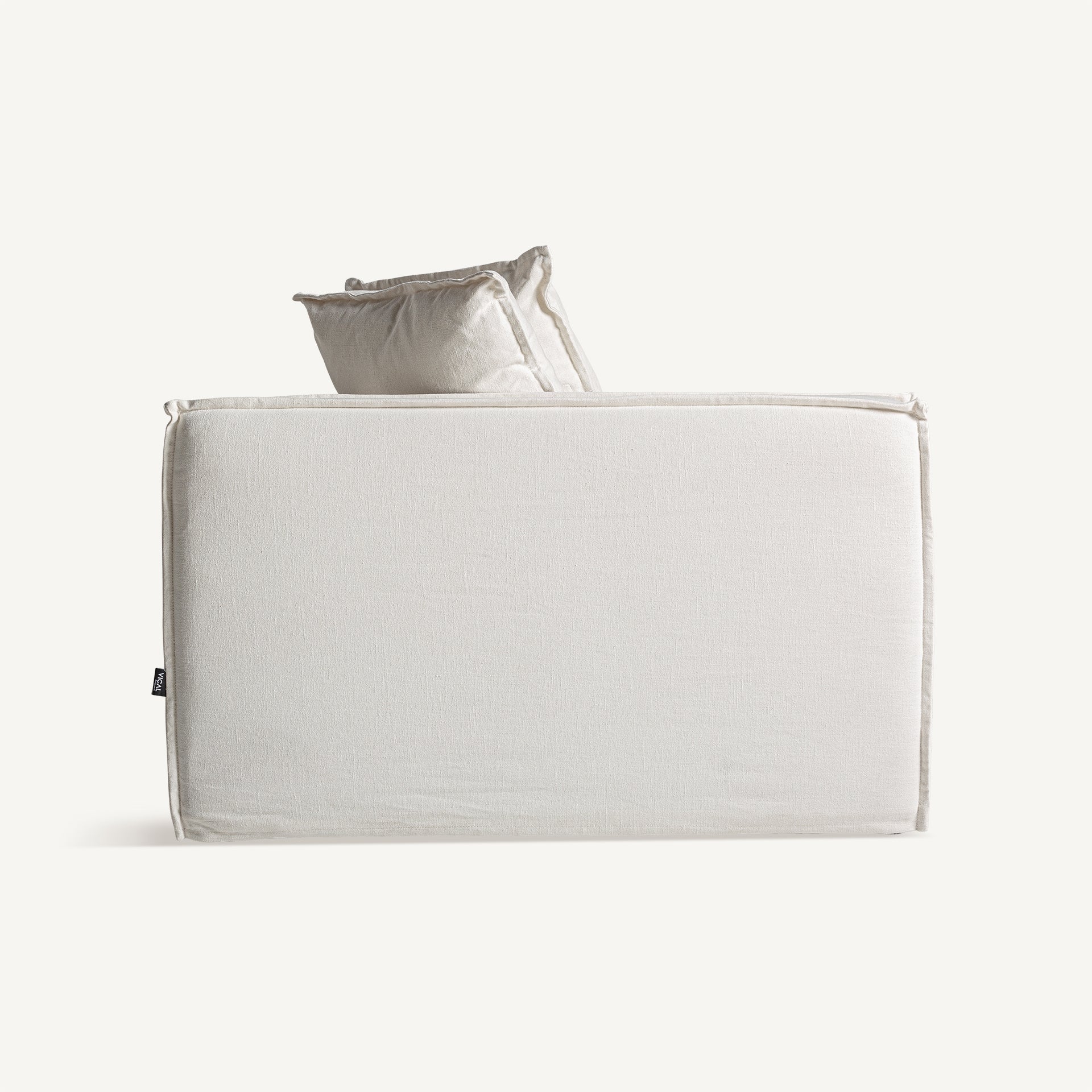 Vista lateral del módulo izquierdo Virolle, diseño en lino blanco con líneas puras boutique interiorismo vical