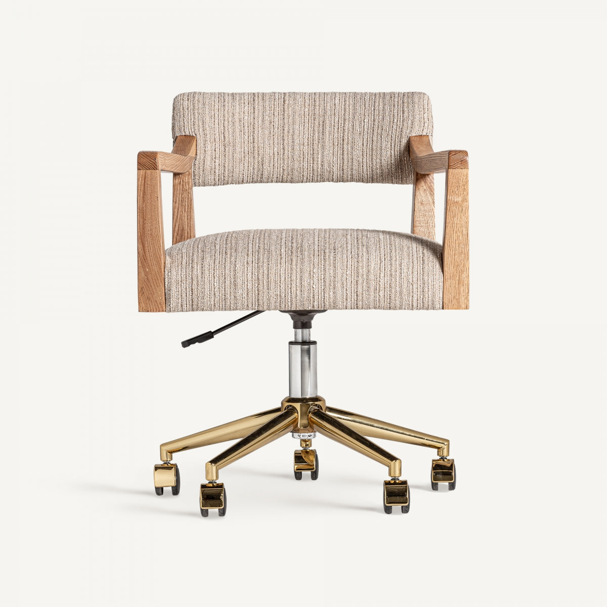 Vista lateral de la silla Nozay con brazos en madera roble y asiento tapizado beige - boutique_interiorismo - vical