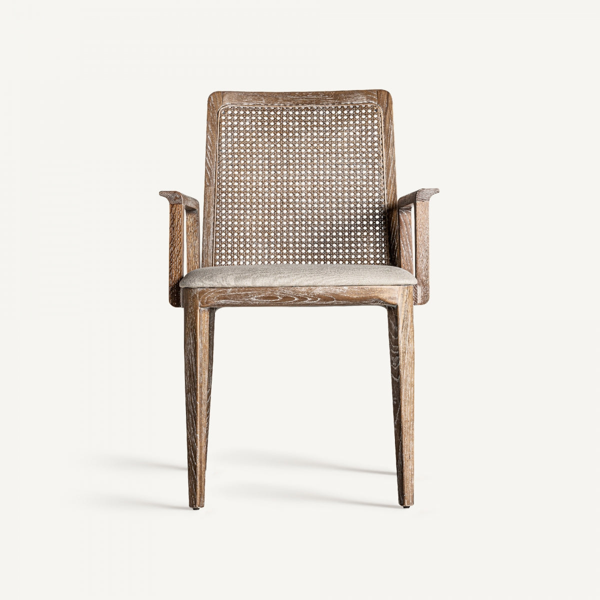 Vista frontal de la silla Mattia con estructura artesanal en madera y asiento tapizado en lino crema - boutique_interiorismo - vical