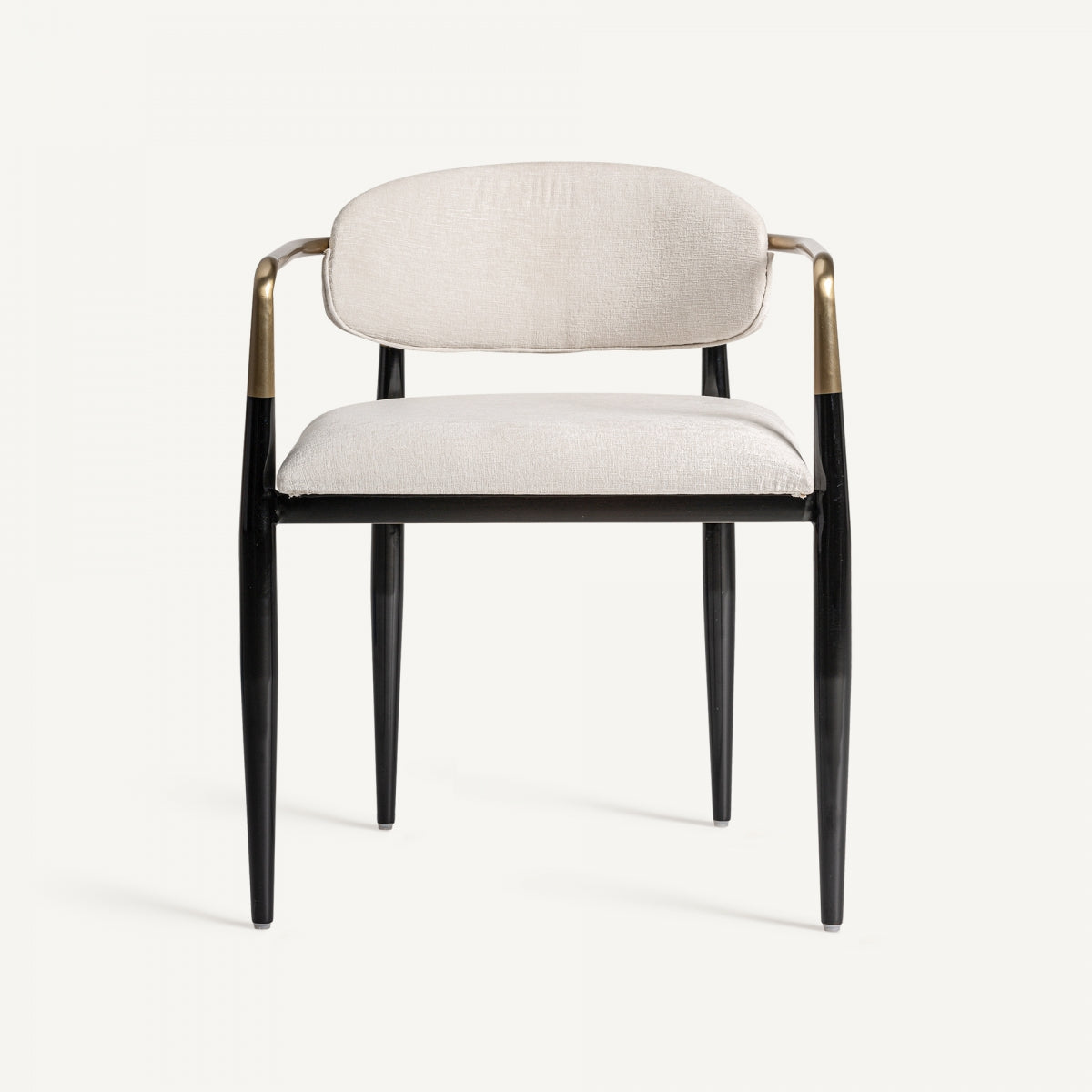 Vista lateral de silla de diseño art déco en metal dorado y tapizado negro