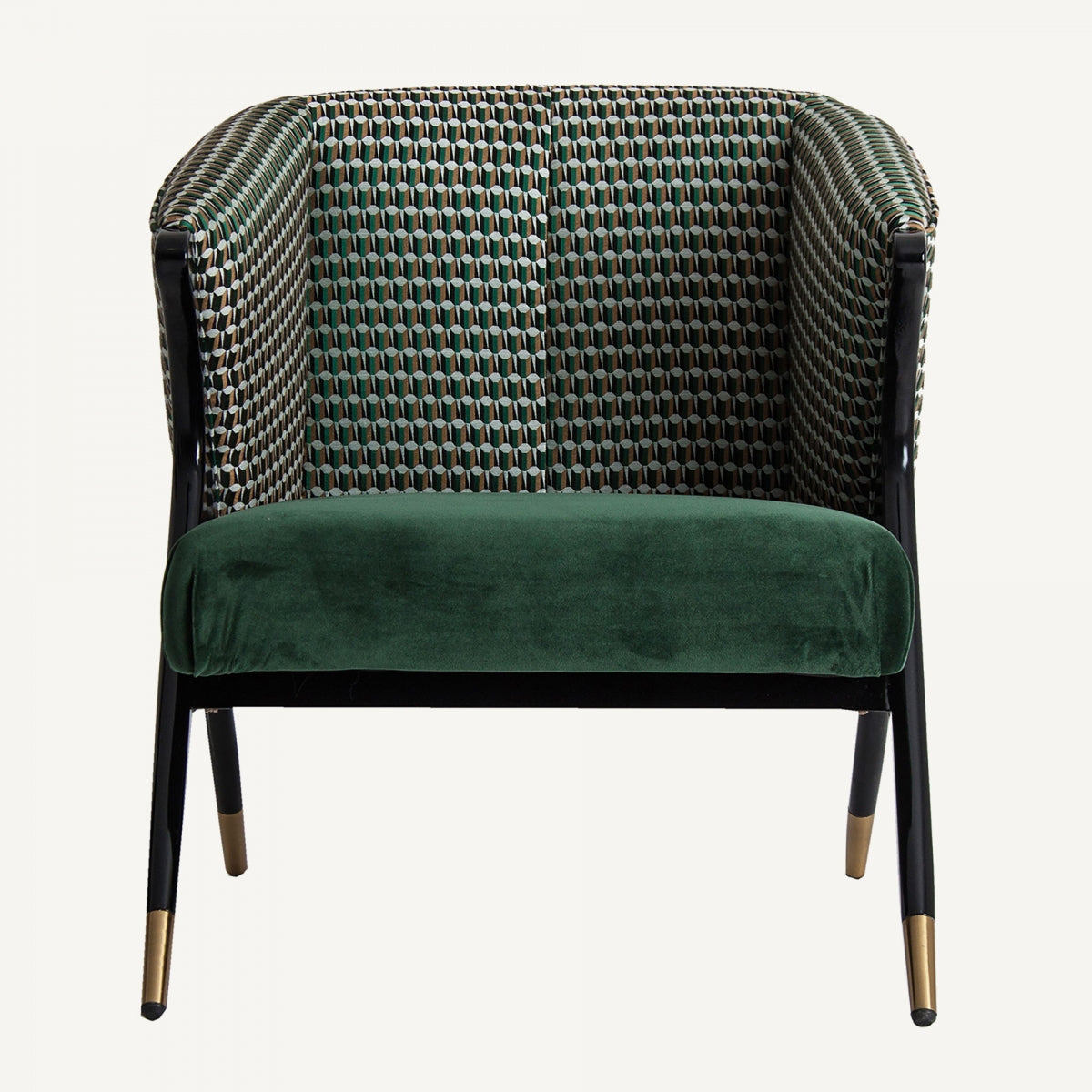 Vista frontal de butaca de diseño retro con asiento verde y respaldo estampado en patrón geométrico