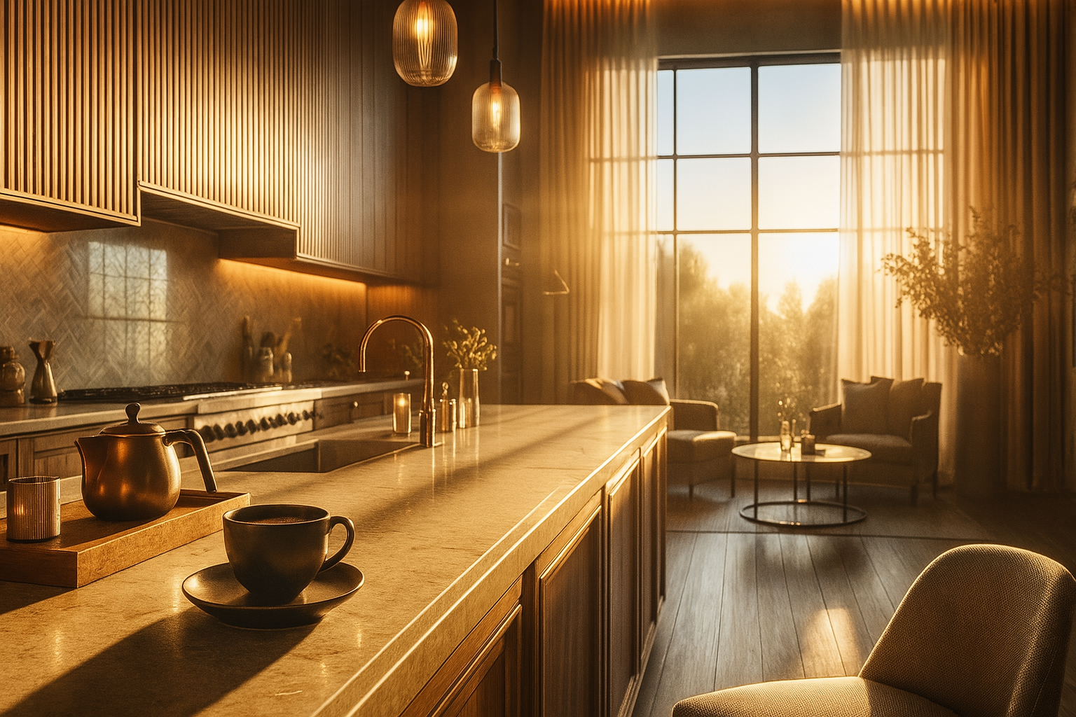 Cocina de diseño con isla de mármol, mobiliario en madera noble y luz natural al atardecer. Un espacio cálido y sofisticado que refleja lujo consciente y estilo boutique interiorismo.