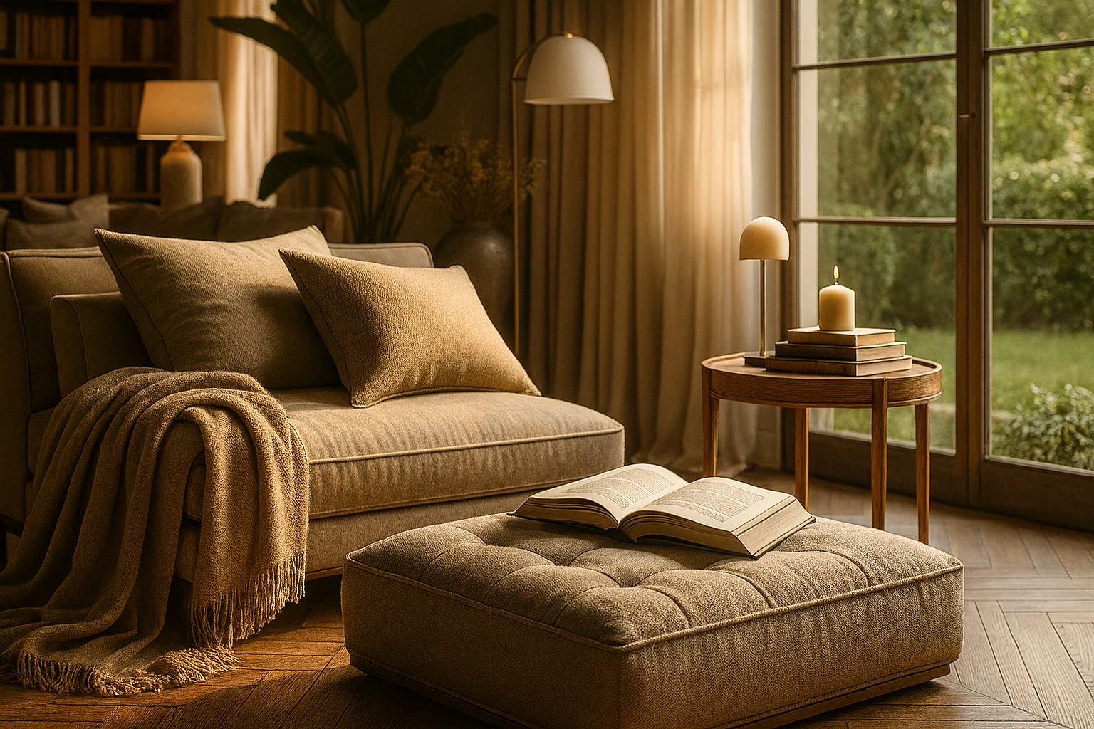 Rincón de lectura con sofá tapizado, otomana mullida y mesa auxiliar de madera, en un espacio elegante con luz natural. Diseño exclusivo y lujo consciente, boutique interiorismo.