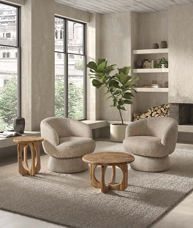 Mesa auxiliar redonda de madera clara con diseño escalonado en dos alturas, estilo escandinavo funcional ideal para crear composiciones dinámicas en espacios modernos. Boutique Interiorismo.