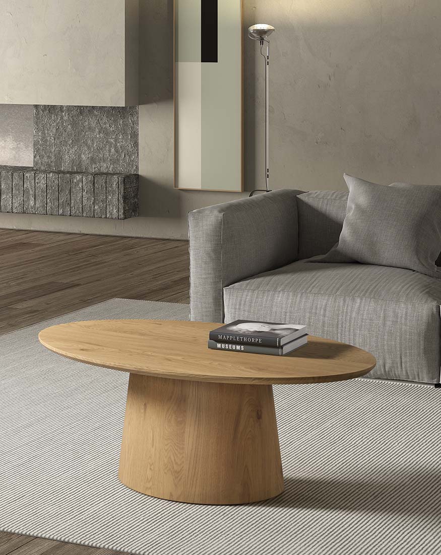 Mesa de centro ovalada de madera natural con base de lamas verticales, ideal para salones modernos de estilo escandinavo – Boutique Interiorismo