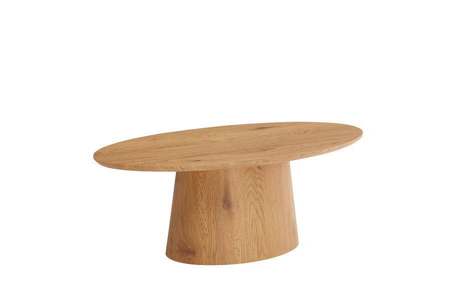 Mesa de centro ovalada de madera natural con base de lamas verticales, ideal para salones modernos de estilo escandinavo – Boutique Interiorismo