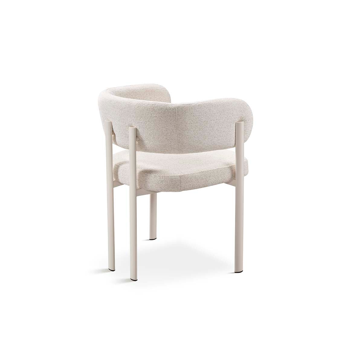Silla tapizada boucle blanco con estructura beige, diseño moderno curvado para comedor elegante – Boutique Interiorismo