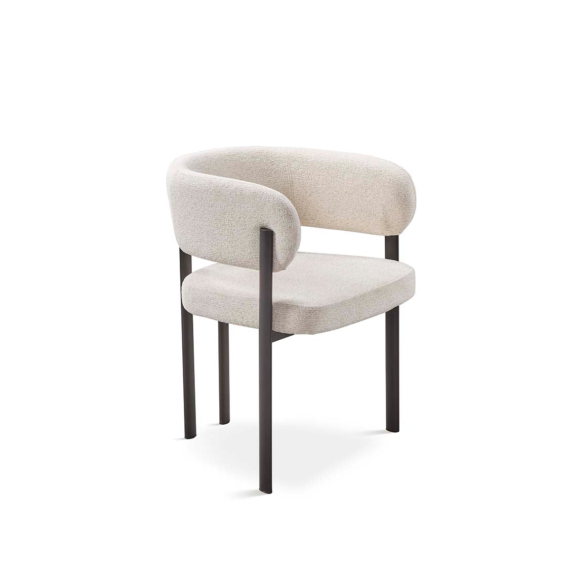 Silla boucle blanca con estructura metálica negra, diseño moderno y respaldo envolvente – Boutique Interiorismo