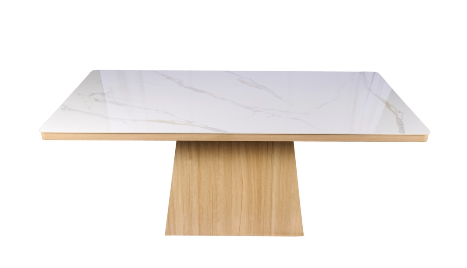 Mesa comedor con base trapezoidal en madera natural y sobre blanco — pieza minimalista y elegante para interiores modernos de Boutique Interiorismo.