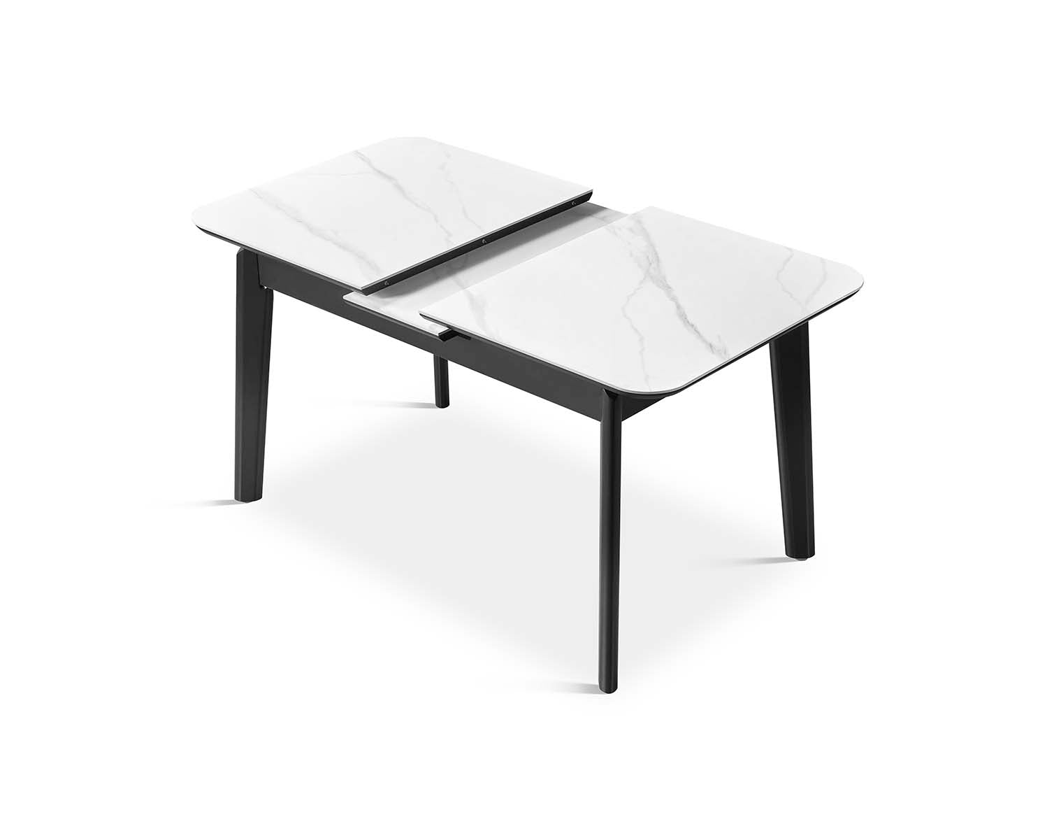 Mesa comedor blanca con patas metálicas rectas — diseño minimalista y compacto ideal para interiores neutros por Boutique Interiorismo.

