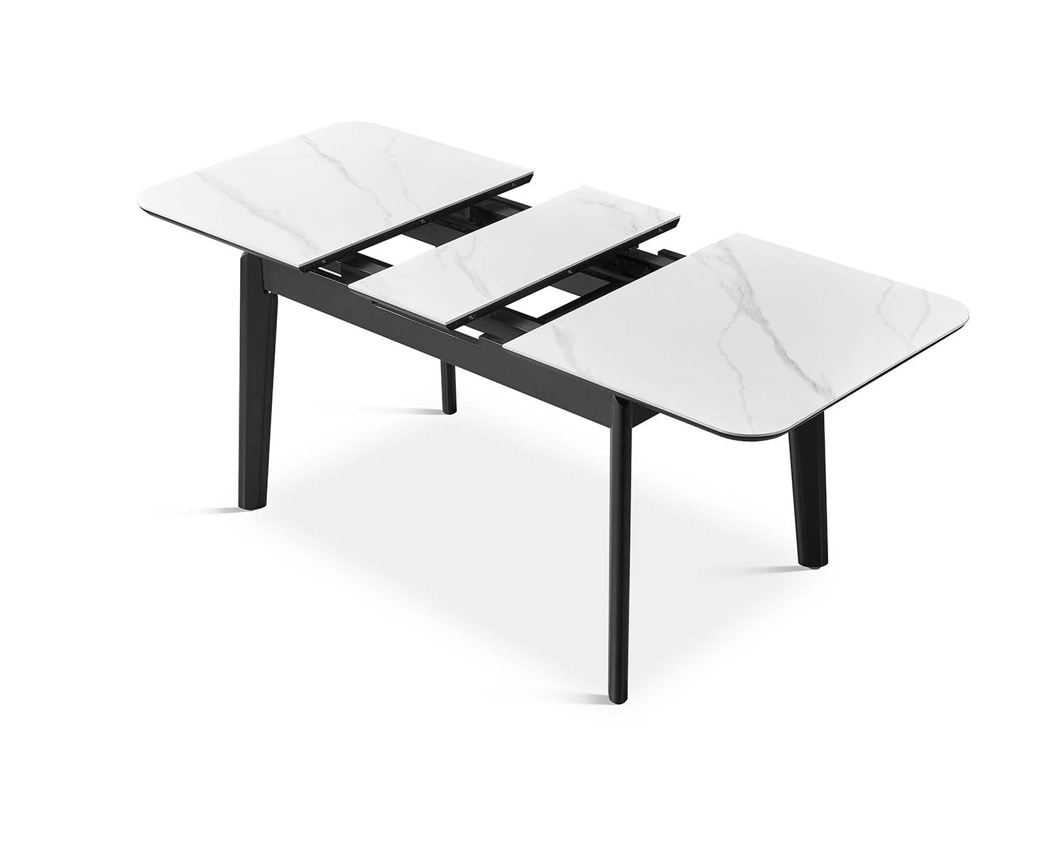 Mesa extensible moderna en blanco con guías metálicas expuestas — sistema práctico con estética sobria por Boutique Interiorismo.