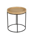 Mesa auxiliar redonda con sobre de madera natural y patas metálicas negras cruzadas — estilo industrial elegante de Boutique Interiorismo.