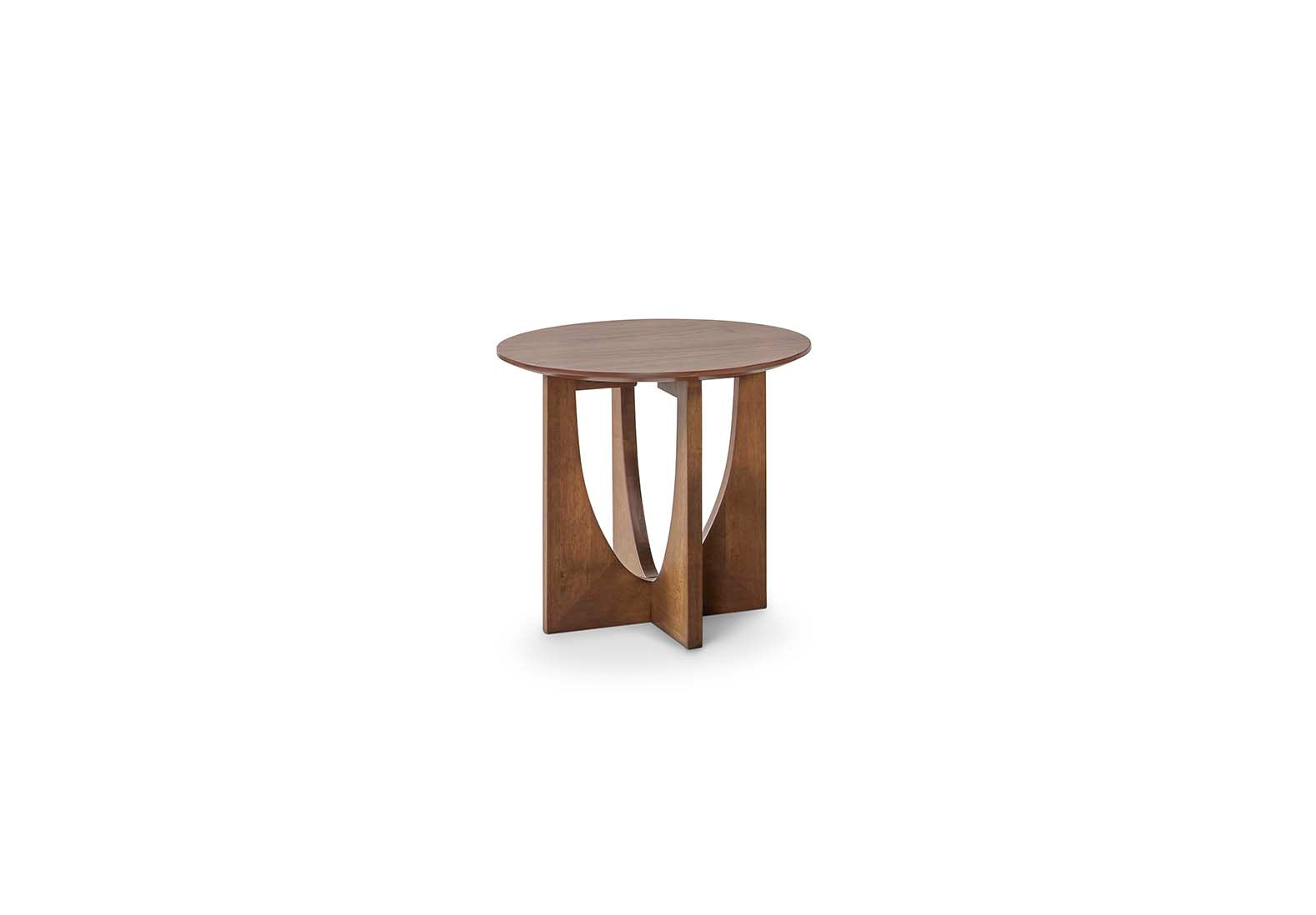 Mesa auxiliar redonda de madera natural con diseño compacto y versátil, perfecta como apoyo decorativo en salones o comedores de estilo sereno. Boutique Interiorismo.