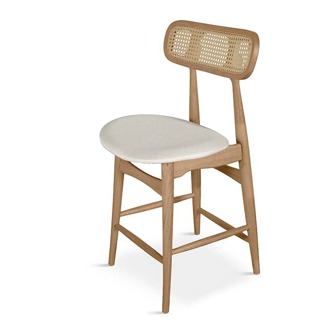 Taburete en madera natural con respaldo de rejilla y asiento blanco. Estilo vintage – Boutique Interiorismo.