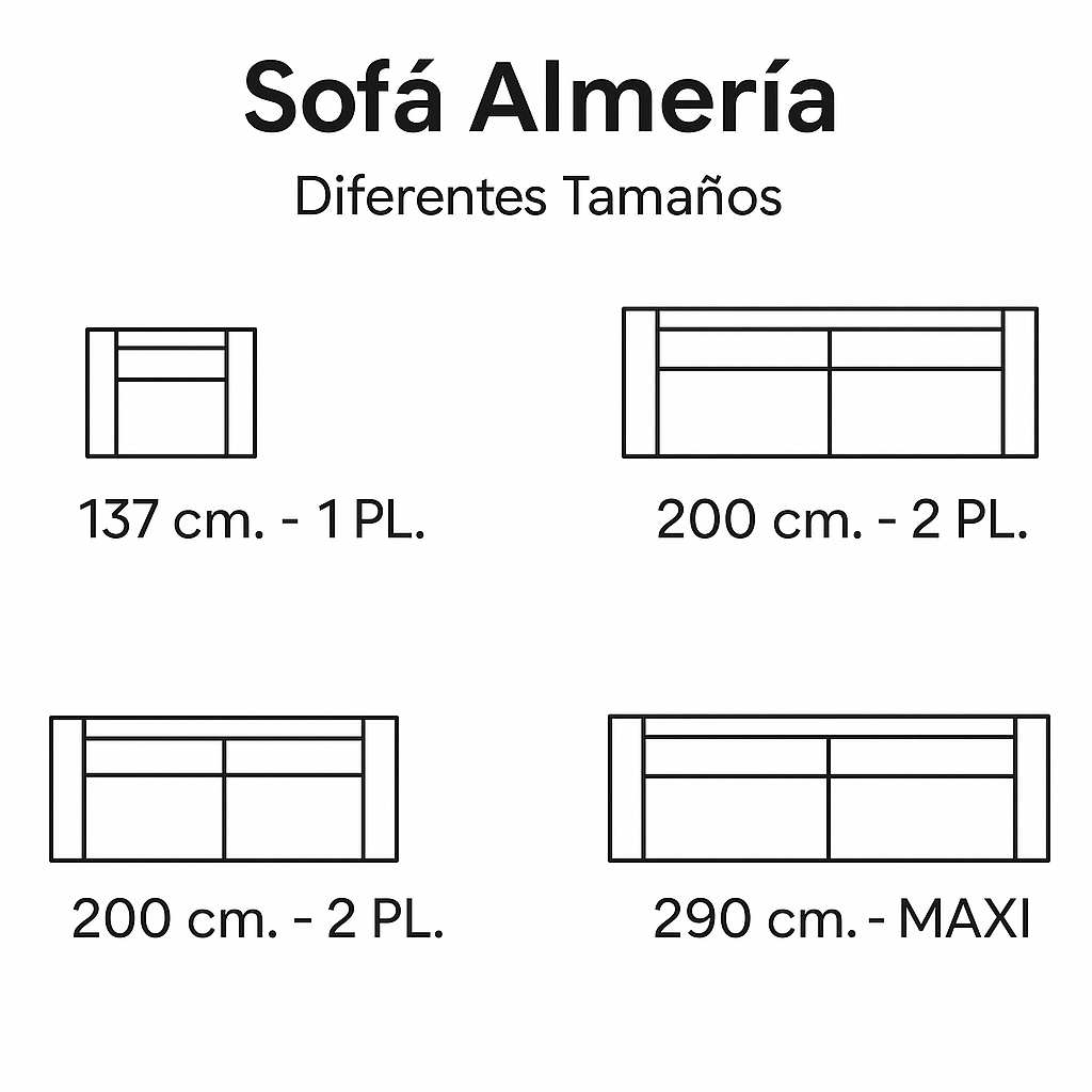 Esquema de medidas Sofá Almería, sofá hecho a medida en diferentes tamaños, diseño clásico para Boutique Interiorismo.