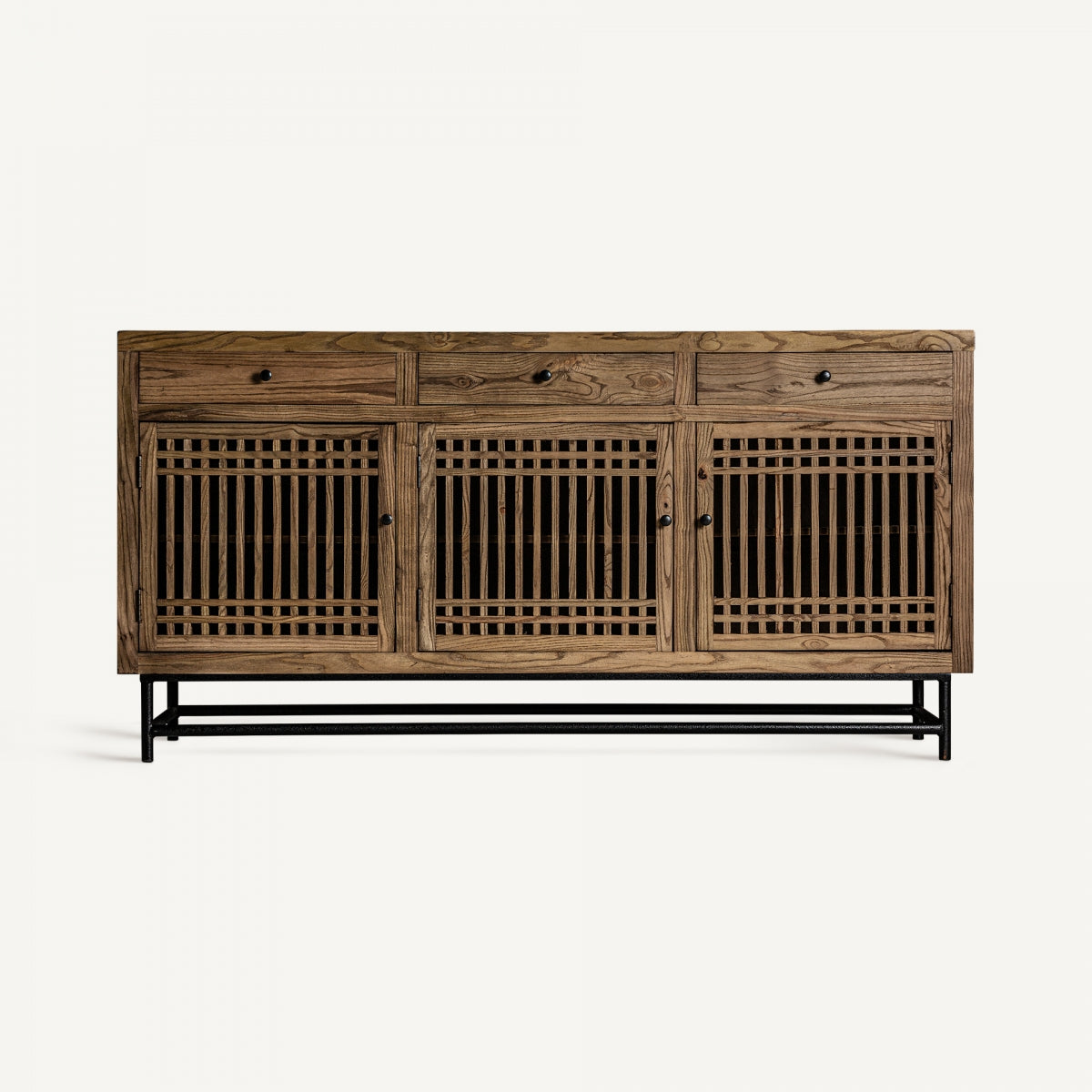 Vista frontal completa del aparador Xuzhou de madera de olmo con estructura de hierro, diseño chino tradicional.
