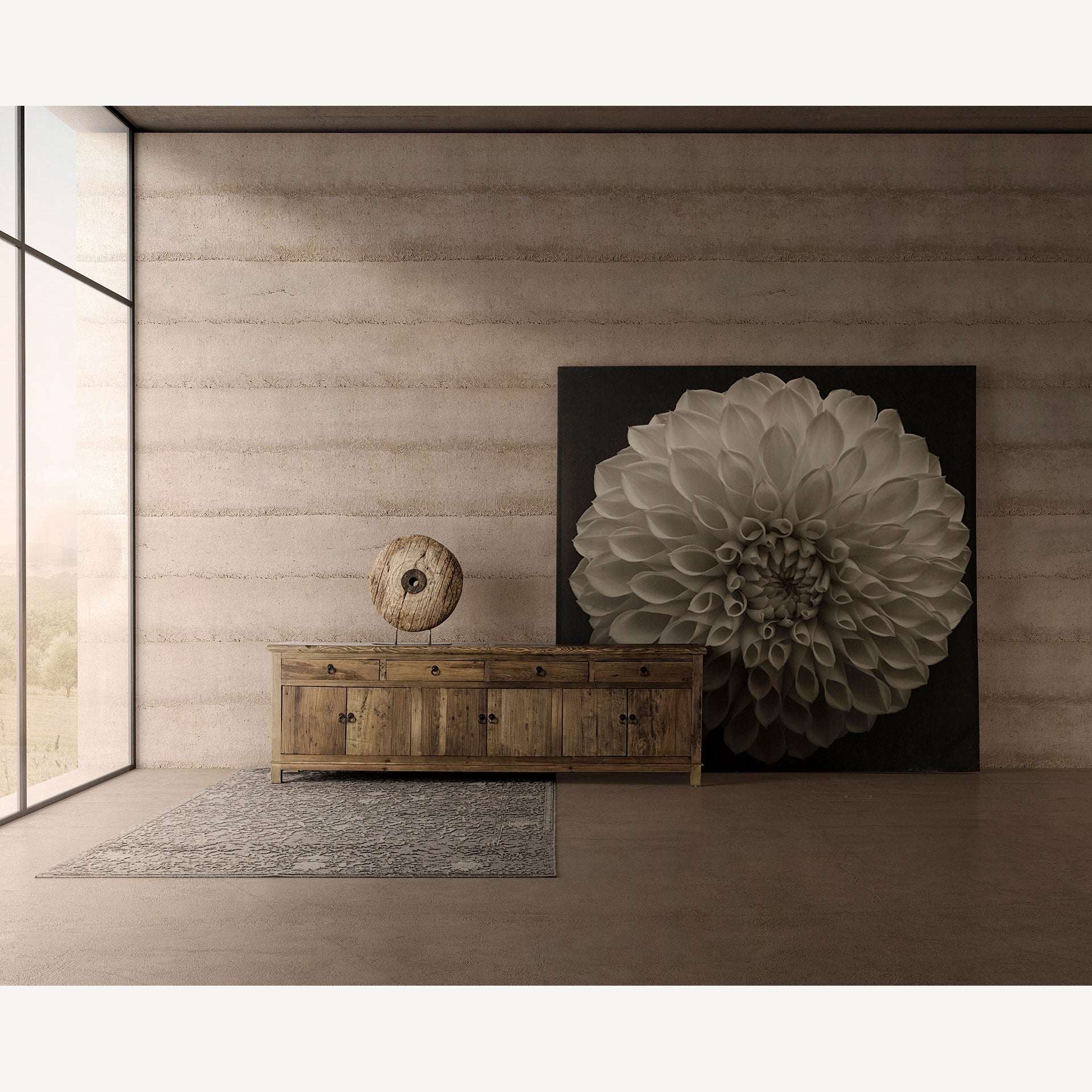 Ambiente con aparador Tuam, decoración étnica y luz natural en salón amplio
