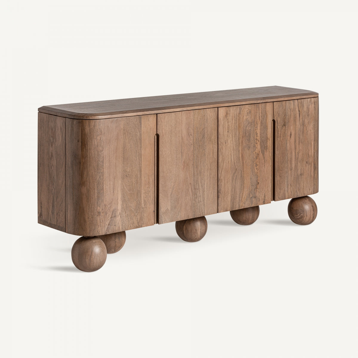 Aparador de madera con diseño moderno y patas esféricas, vista frontal