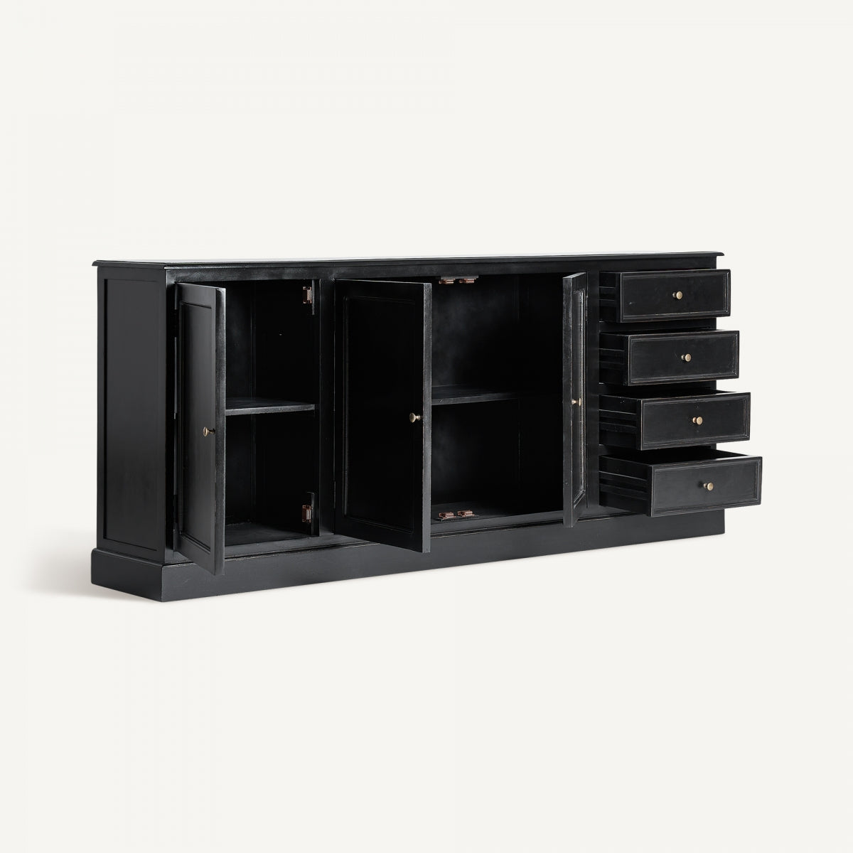 Vista completa del buffet modular Zenica fabricado en madera de mango y acabado negro.
