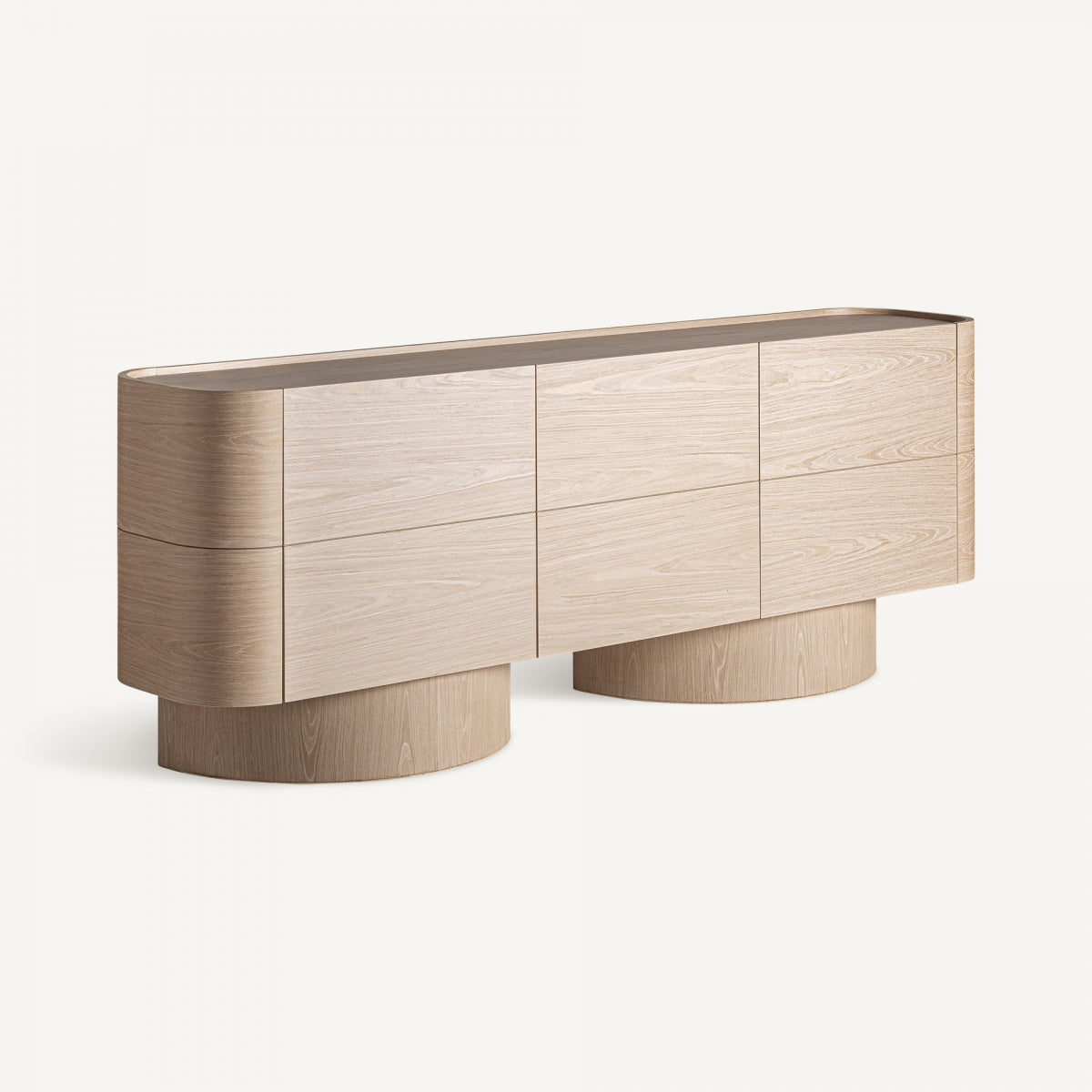 vista frontal del mueble en roble natural con diseño de curvas suaves y base cilíndrica escultórica.