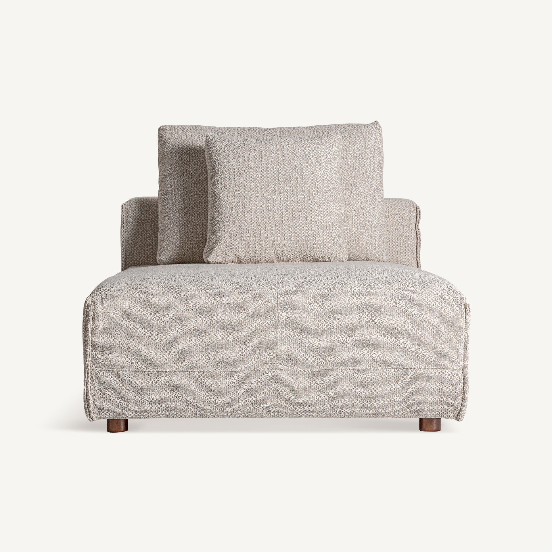 Vista frontal del sofá modular Vignaie tapizado en poliéster crema, estilo contemporáneo